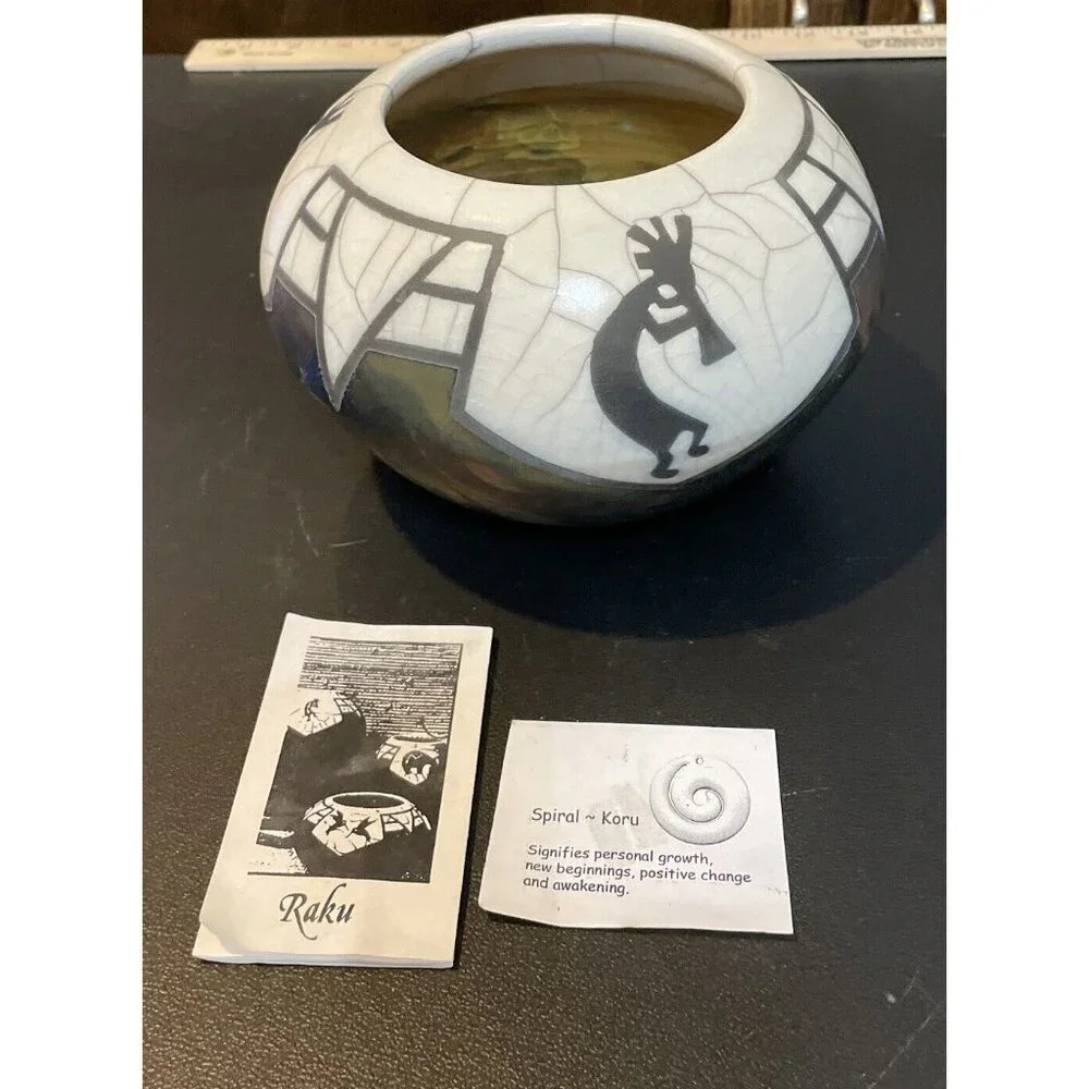 Len Hughes Studio 400 West Raku Fired Pottery‎ Vessel Southwest Kokopelli Signed